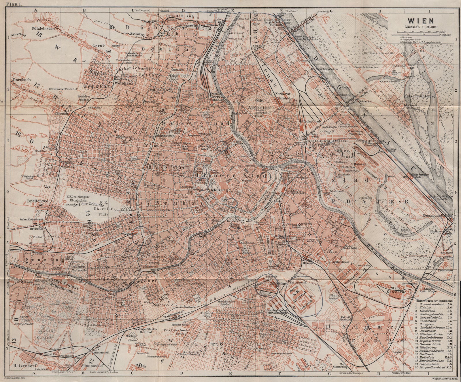 VIENNA WIEN antique town city plan stadtplan. Austria Österreich karte 1905 map